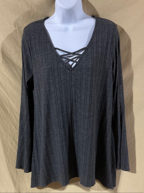 AB Studio Tops - AB Studio Size L Dark Gray Ribbed Crisscross V-Neck Long Sleeve Top